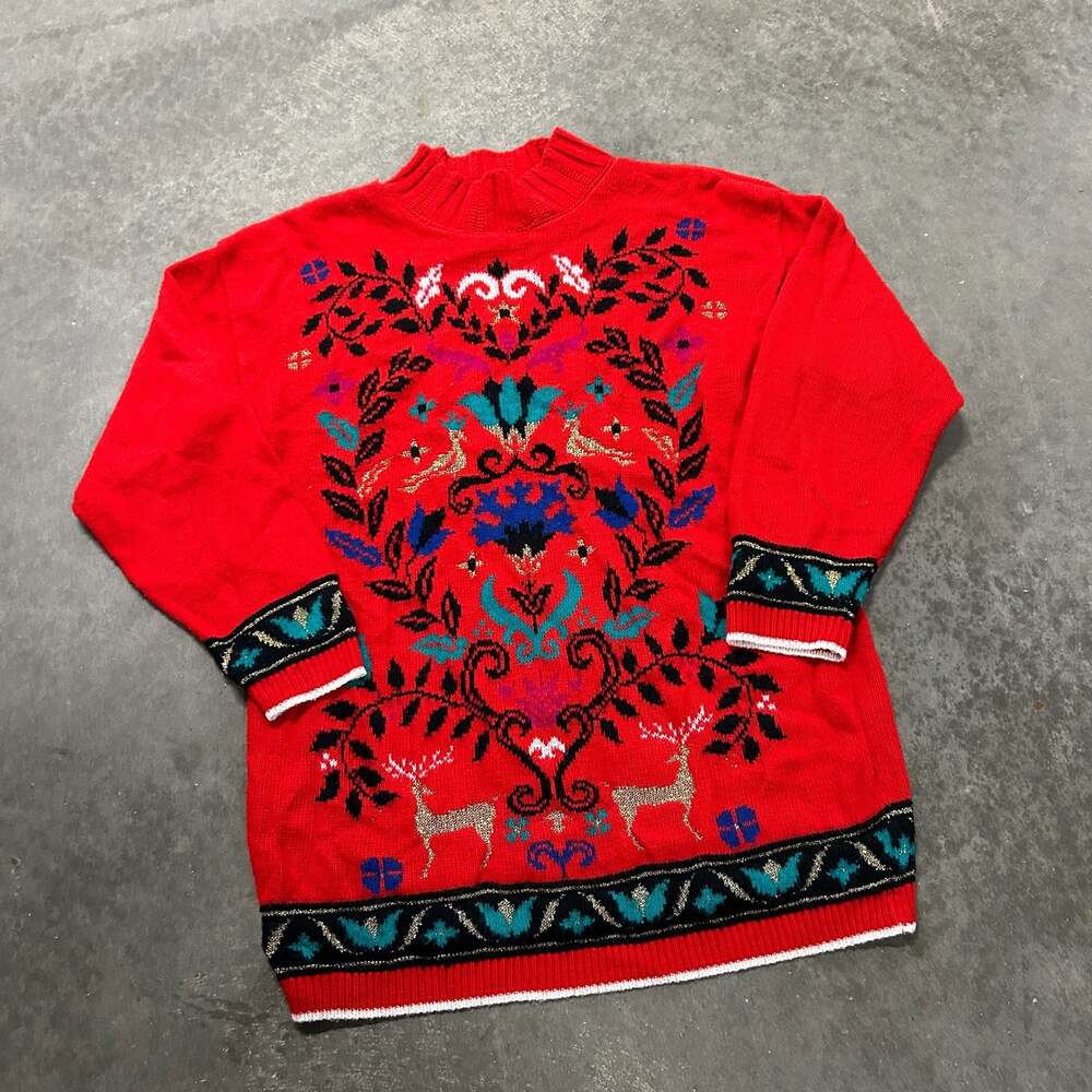 Beldoch Popper Vintage Red Christmas Holiday Reindeer Metallic Pattern Sweater